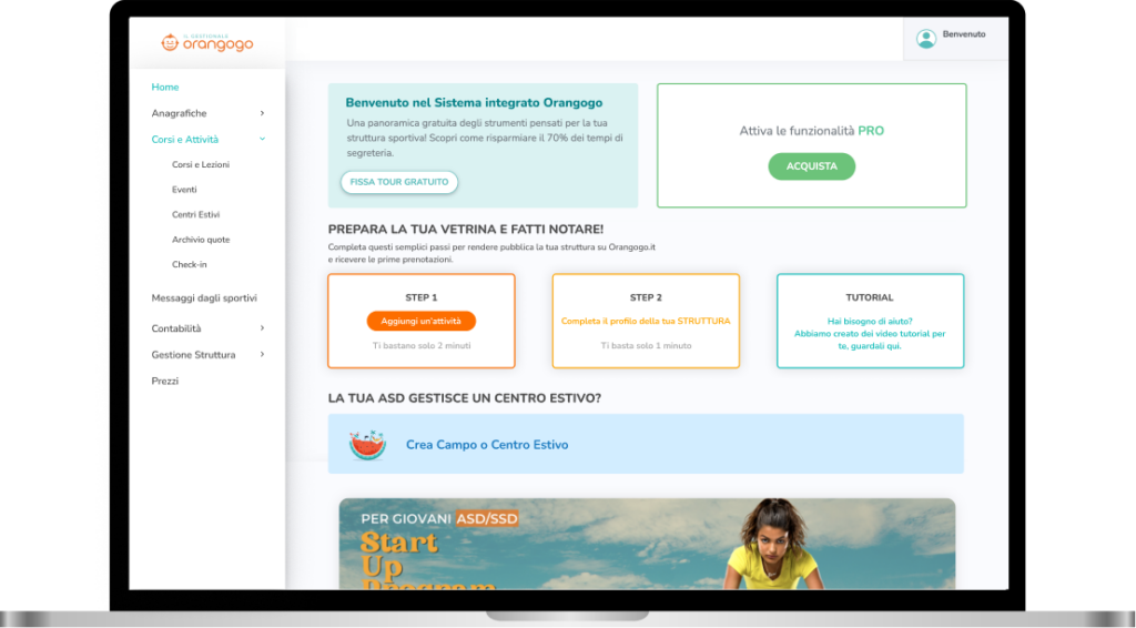 Sistema Sport Orangogo Dashboard del software gestionale Orangogo per associazioni sportive, con gestione corsi, attività, anagrafiche e funzionalità di segreteria