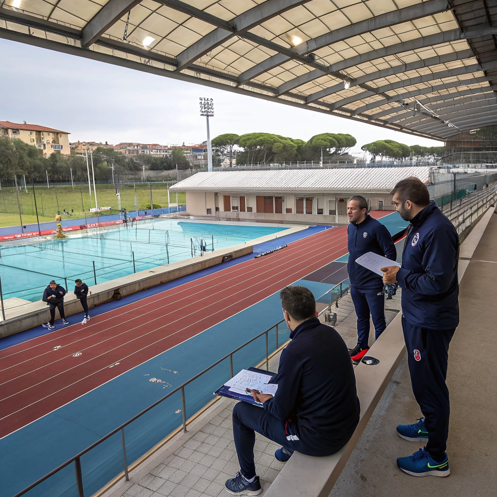 Allenatore e dirigenti di società sportiva durante riunione per costruire alleanza educativa con genitori