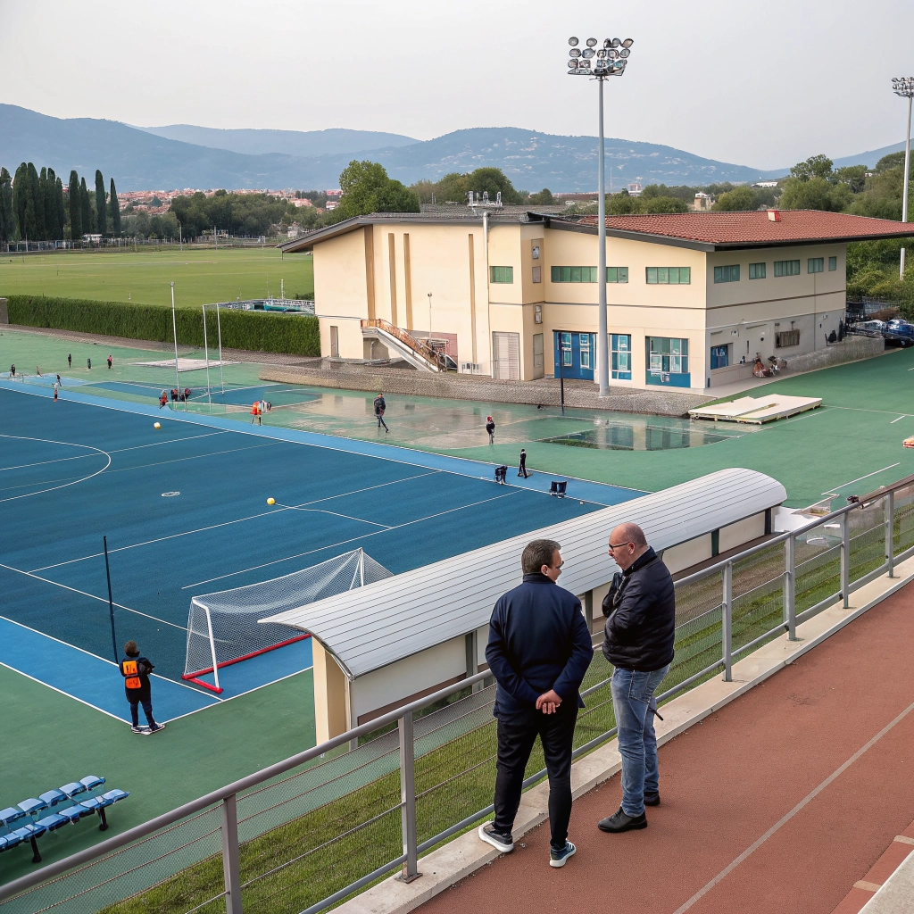 Allenatore e dirigenti di società sportiva italiana durante riunione tecnica per gestire il coinvolgimento dei genitori e prevenire pressioni sui giovani atleti