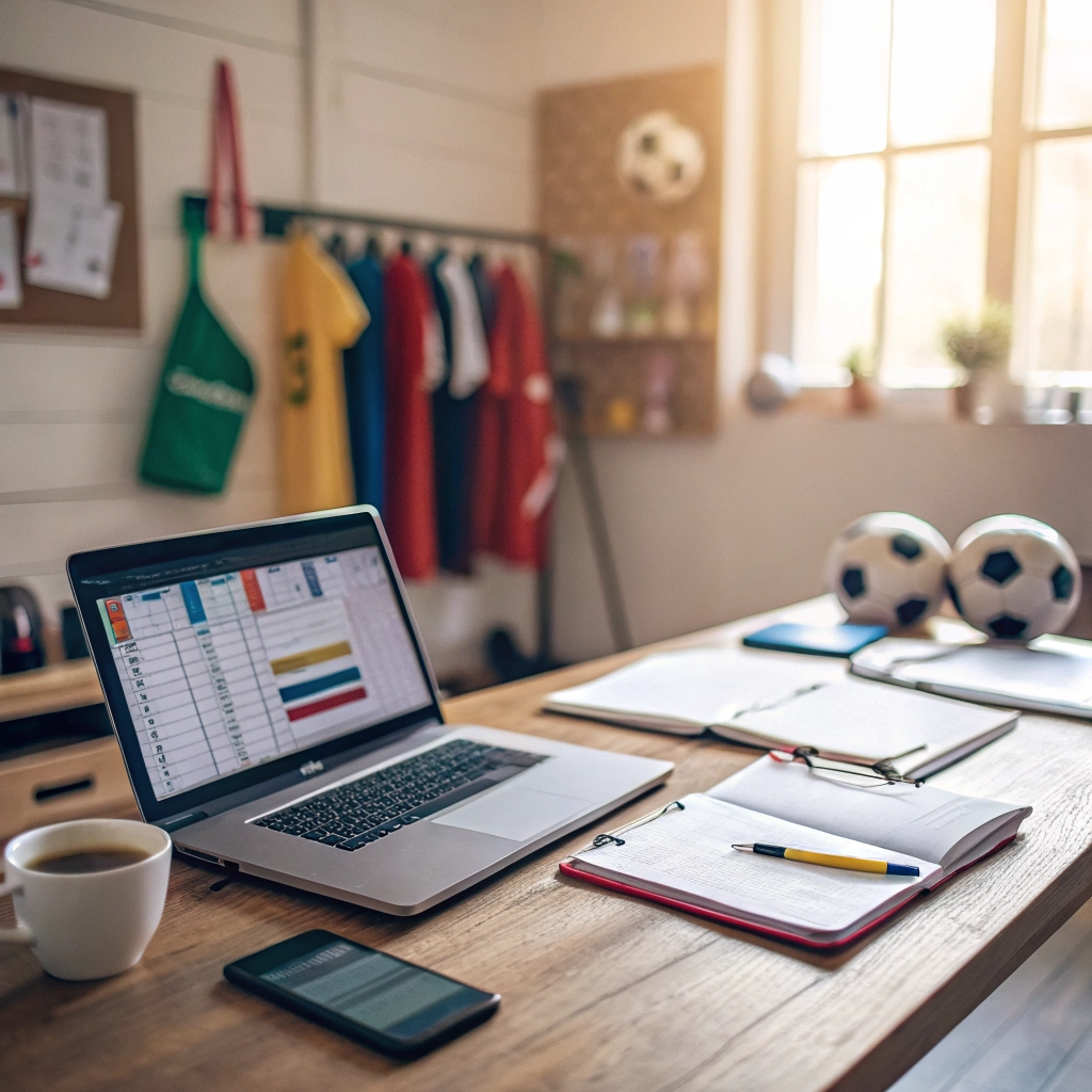 Scrivania organizzata con gestionale per associazioni sportive su laptop, documenti ordinati e attrezzatura sportiva sullo sfondo