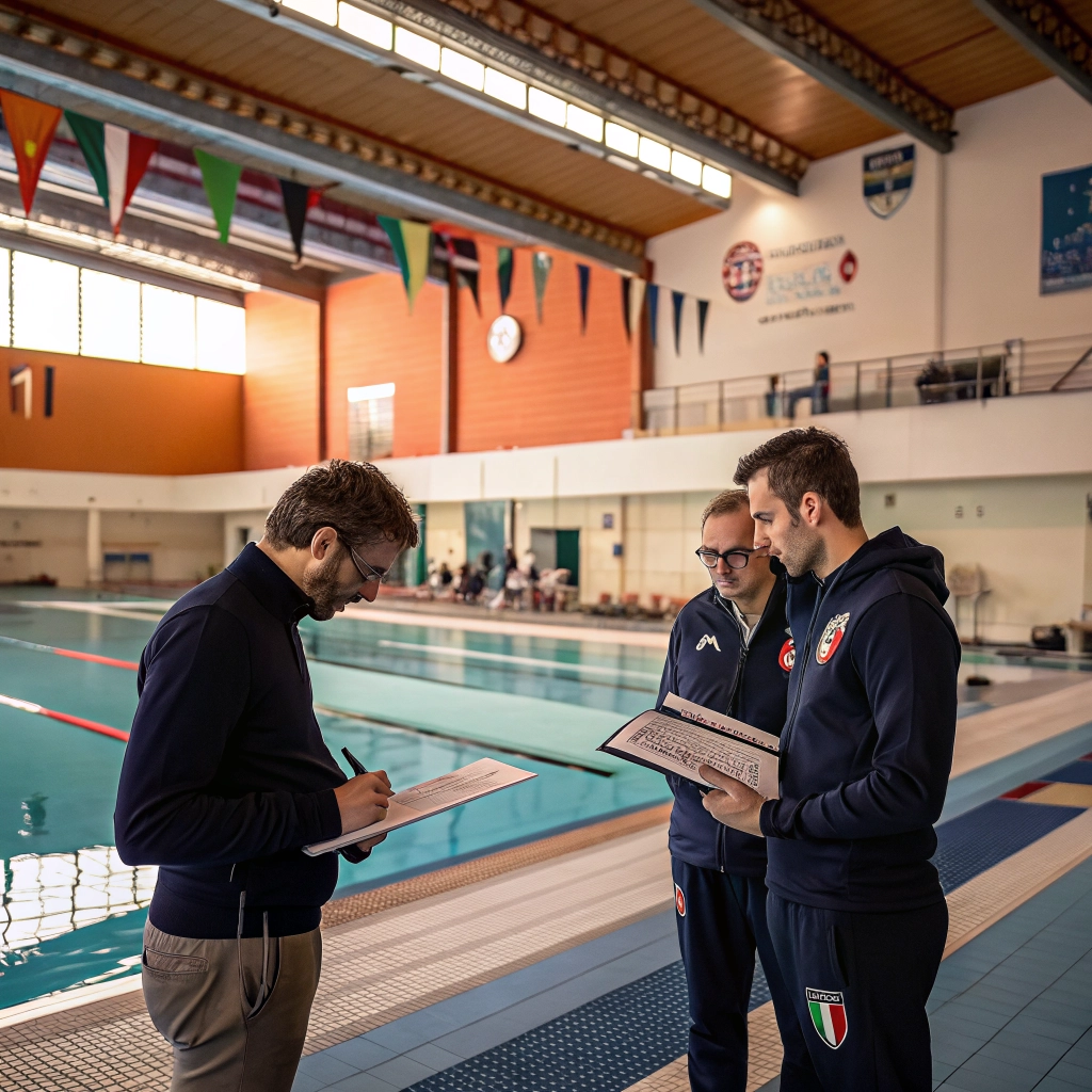 Allenatore e dirigenti in colloquio organizzativo in centro sportivo multisport italiano