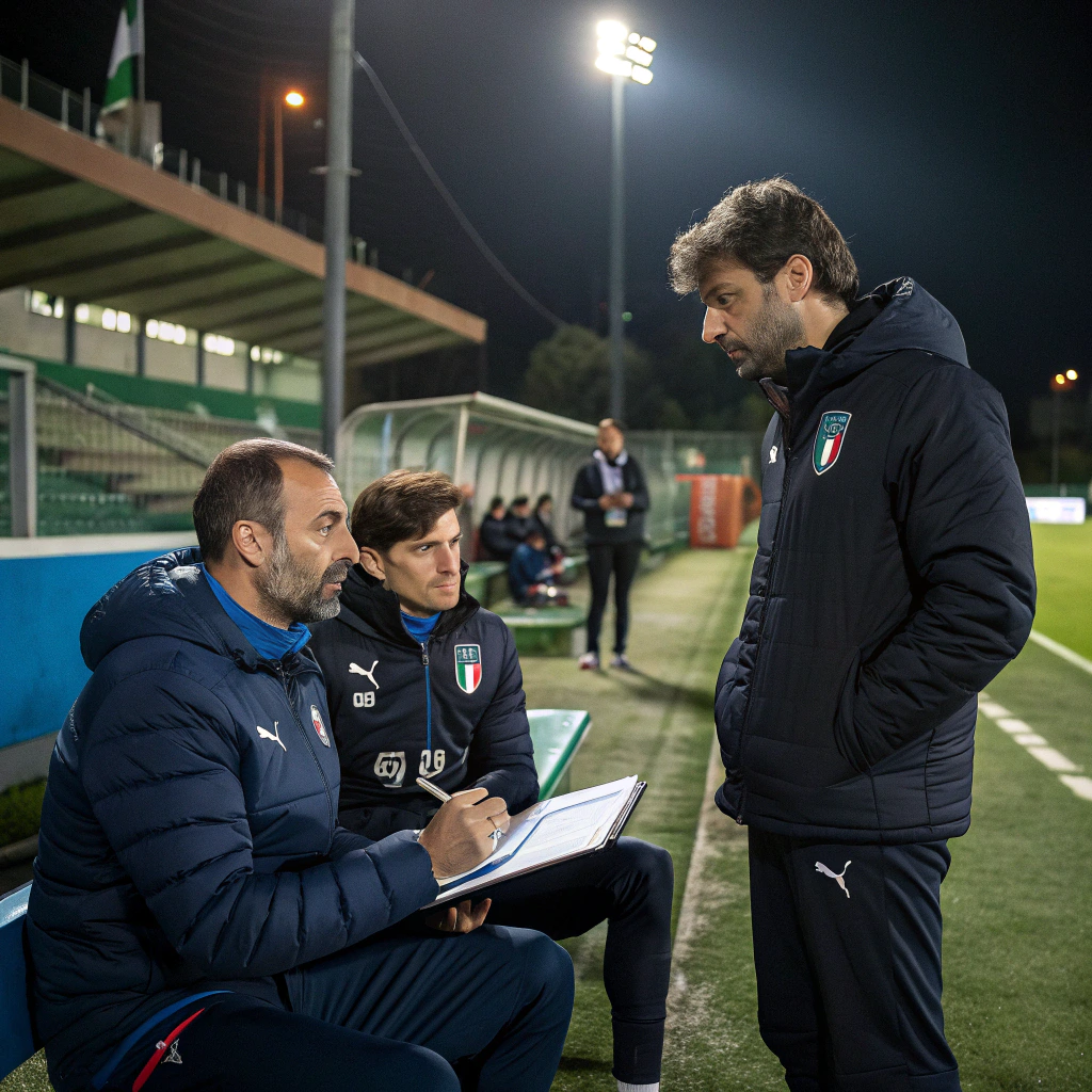 Riunione tecnica tra allenatore e dirigenti di società sportiva italiana per organizzare incontro genitori inizio stagione