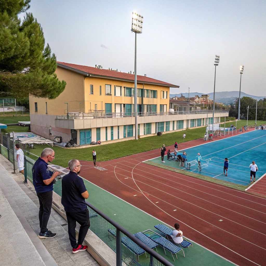 Allenatore e dirigenti di società sportiva in riunione organizzativa per gestione comunicazione con genitori e logistica trasferte