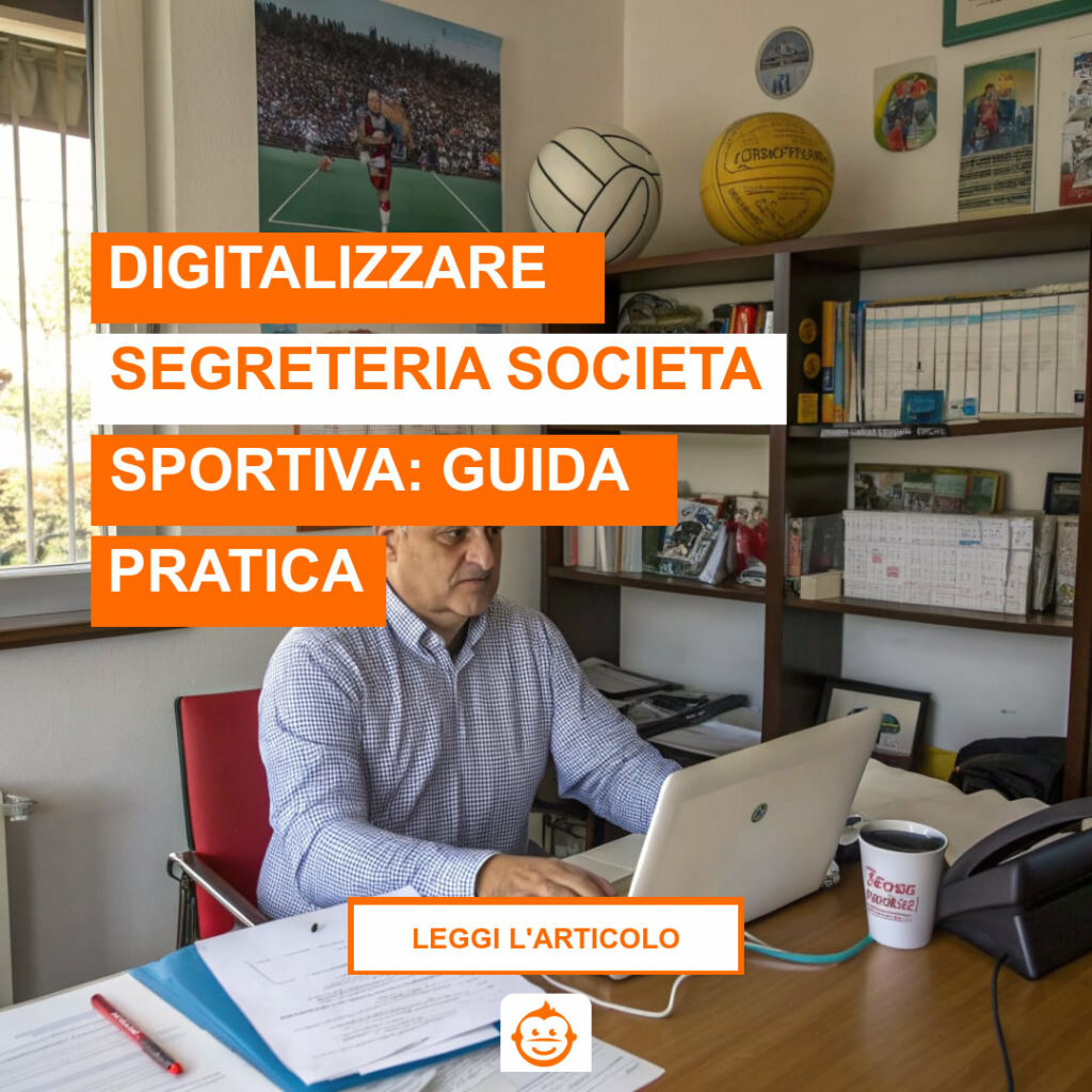 Presidente di società sportiva al lavoro in segreteria per digitalizzare gestione iscrizioni e pagamenti ASD