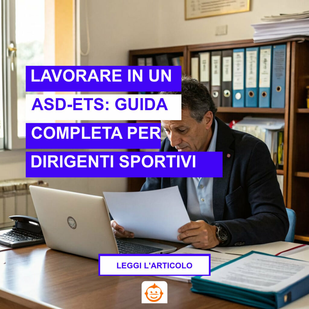 Dirigente di ASD-ETS al lavoro su documentazione normativa e contratti per lavoratori sportivi