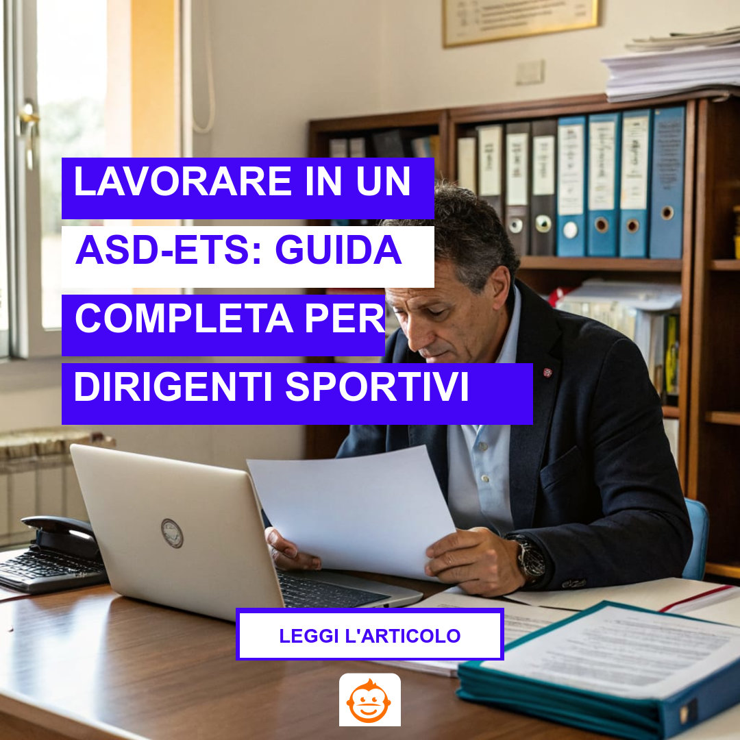 Dirigente di ASD-ETS al lavoro su documentazione normativa e contratti per lavoratori sportivi