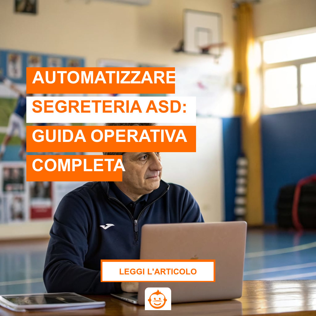 Presidente di piccola ASD al lavoro sulla gestione della segreteria sportiva con strumenti digitali per automatizzare iscrizioni e pagamenti