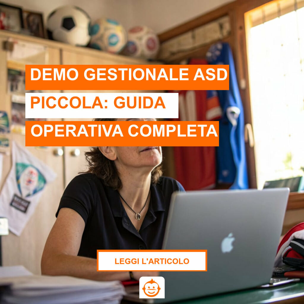 Segretaria di ASD piccola testa demo gestionale per iscrizioni e pagamenti online su laptop