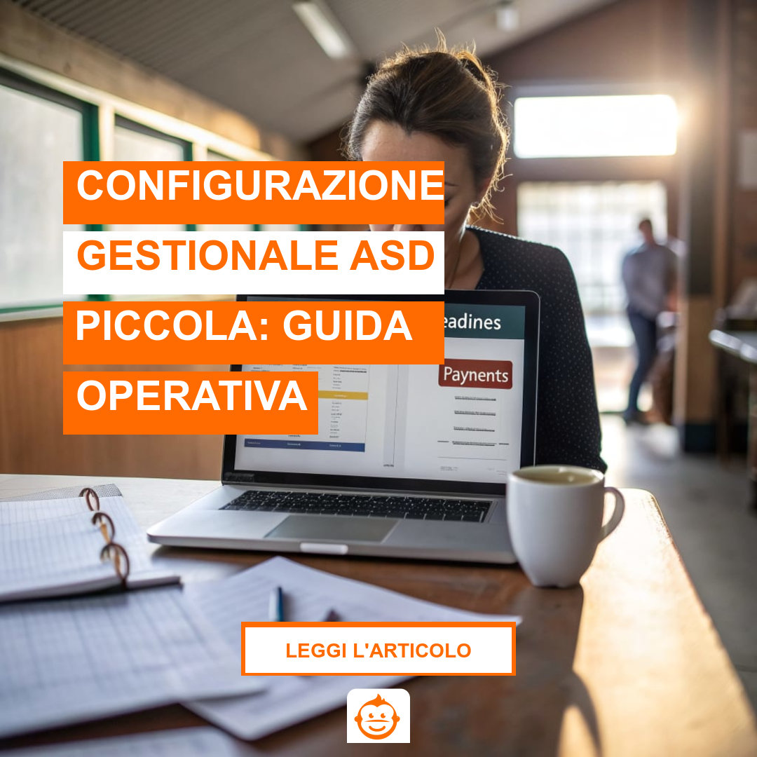 Segretaria di ASD al lavoro con gestionale per società sportive, configurazione dashboard iscrizioni e pagamenti