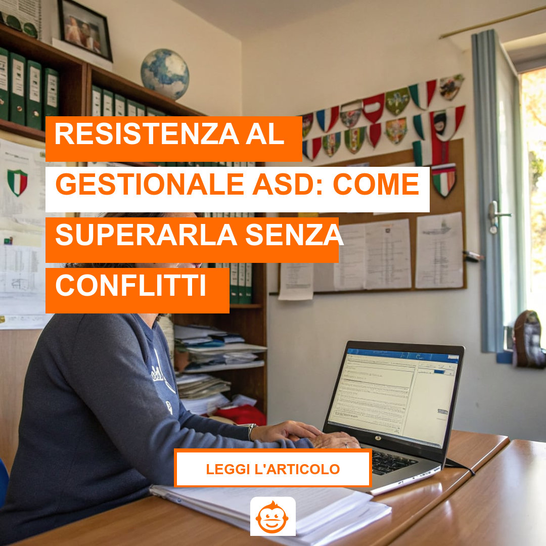 Segretaria di ASD italiana che usa gestionale sportivo per superare resistenza al cambiamento, ambiente ordinato e professionale