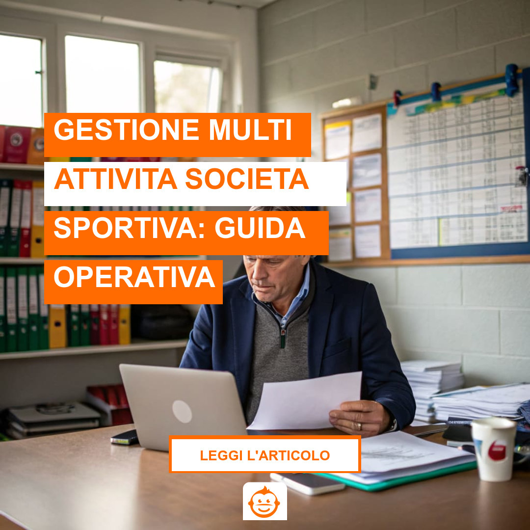 Presidente di società sportiva gestisce multi attività con documenti e laptop in ufficio polisportiva