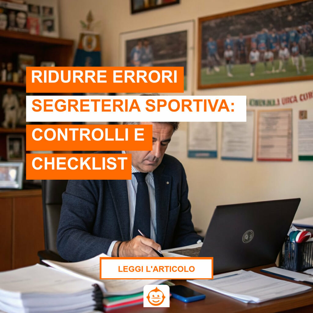 Presidente di associazione sportiva controlla documenti e iscrizioni in segreteria per ridurre errori segreteria sportiva