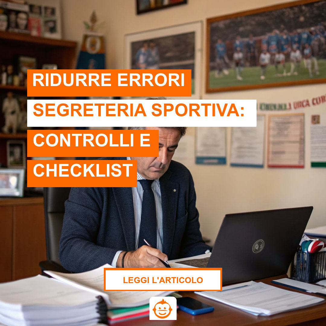 Presidente di associazione sportiva controlla documenti e iscrizioni in segreteria per ridurre errori segreteria sportiva