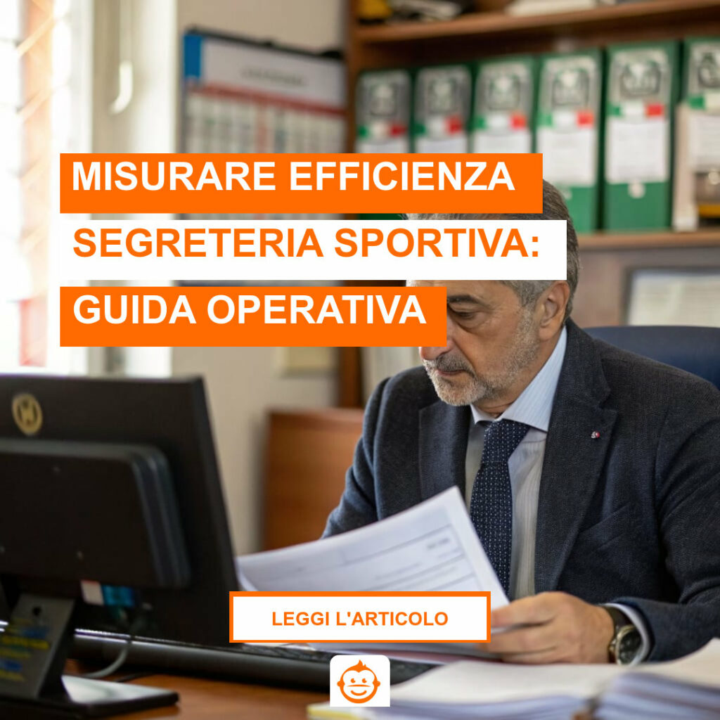 Presidente di associazione sportiva che misura efficienza segreteria sportiva controllando documenti e gestionale su computer